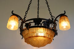 French Antique Wrought Iron Art Deco Chandelier 1930 Cut Glass Geometric Muller