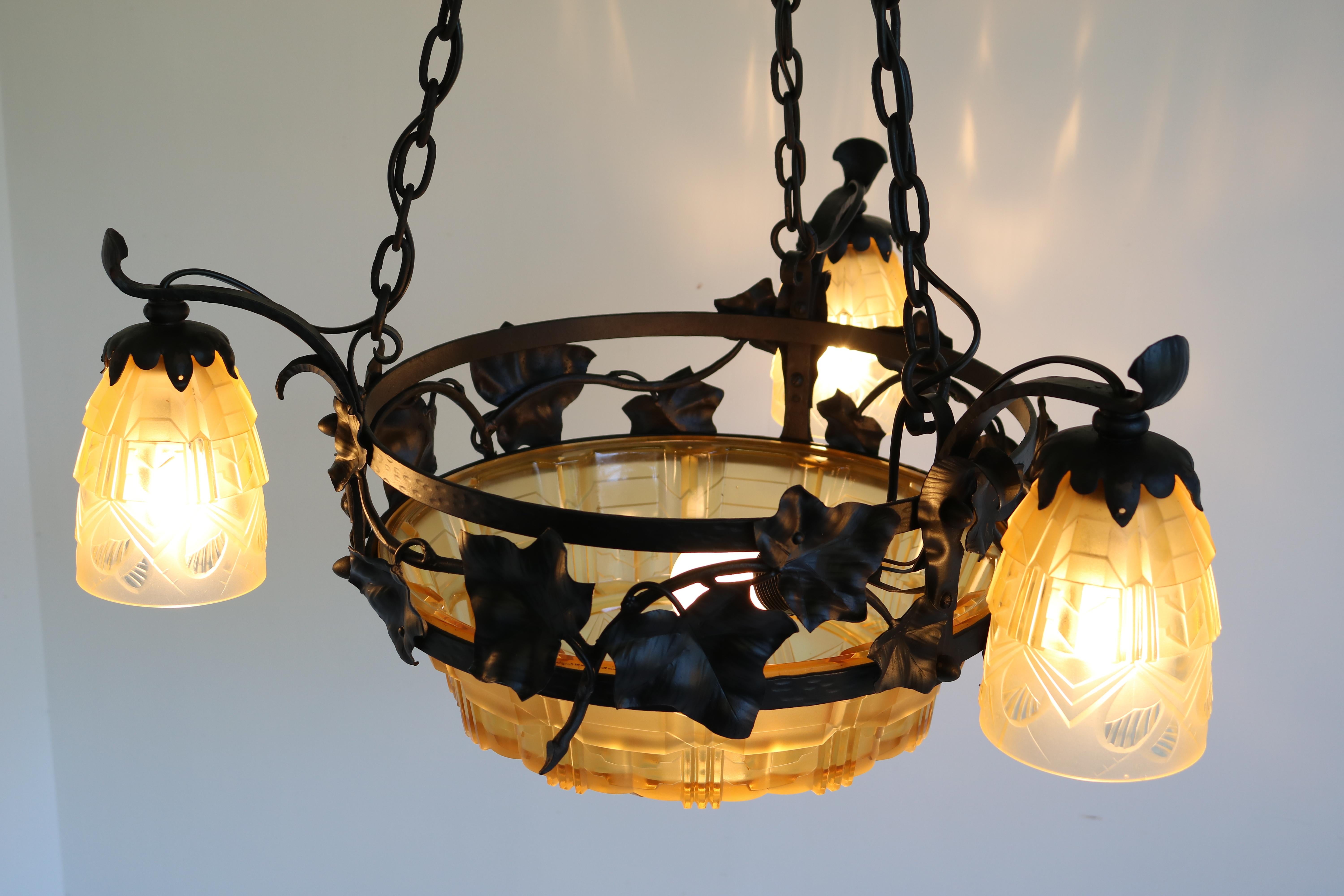 French Antique Wrought Iron Art Deco Chandelier 1930 Cut Glass Geometric Muller For Sale 1