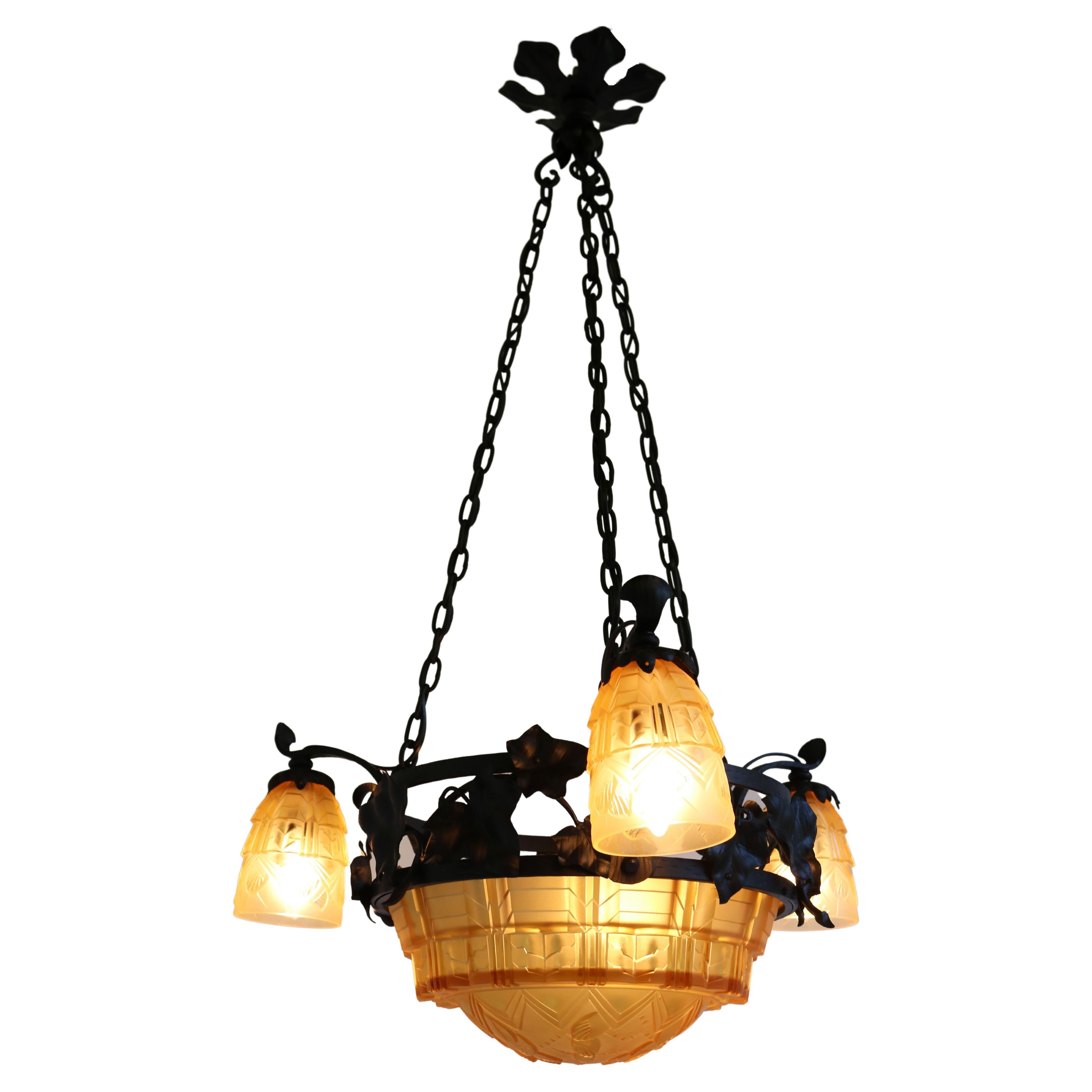 French Antique Wrought Iron Art Deco Chandelier 1930 Cut Glass Geometric Muller For Sale