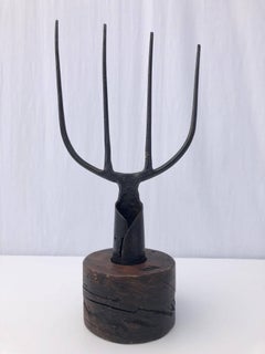 French Antique Wrought Iron Farmer's Fork on a Wood Pedestal, 18th Century