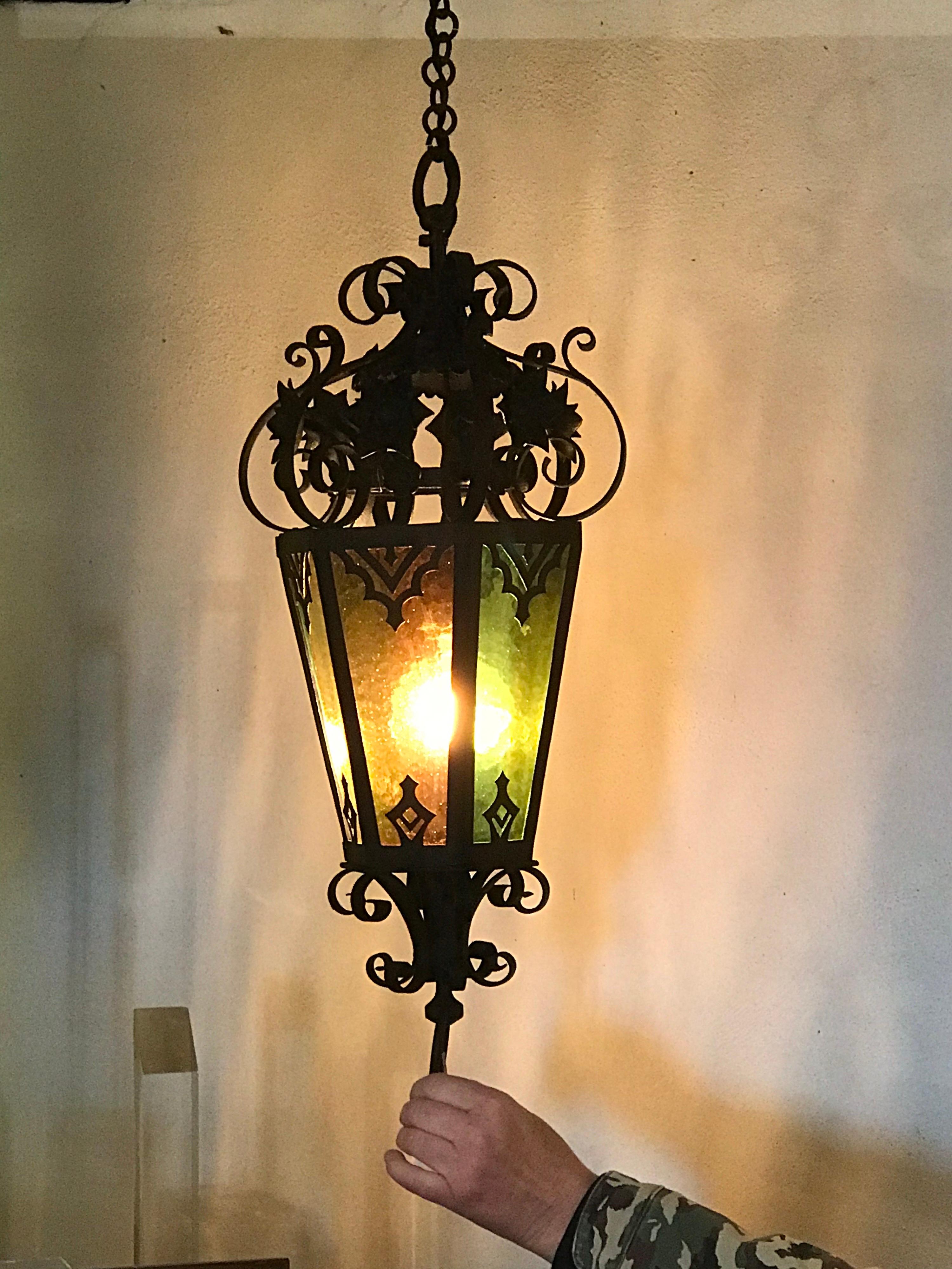 French Antique Wrought Iron Lantern with Colored Glass, Early 20th Century 3