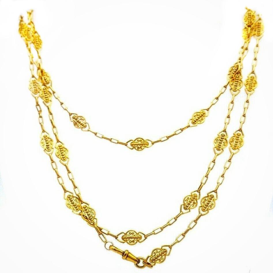 Französische antike filigrane Uhrenkette, Halskette, Gelbgold 2