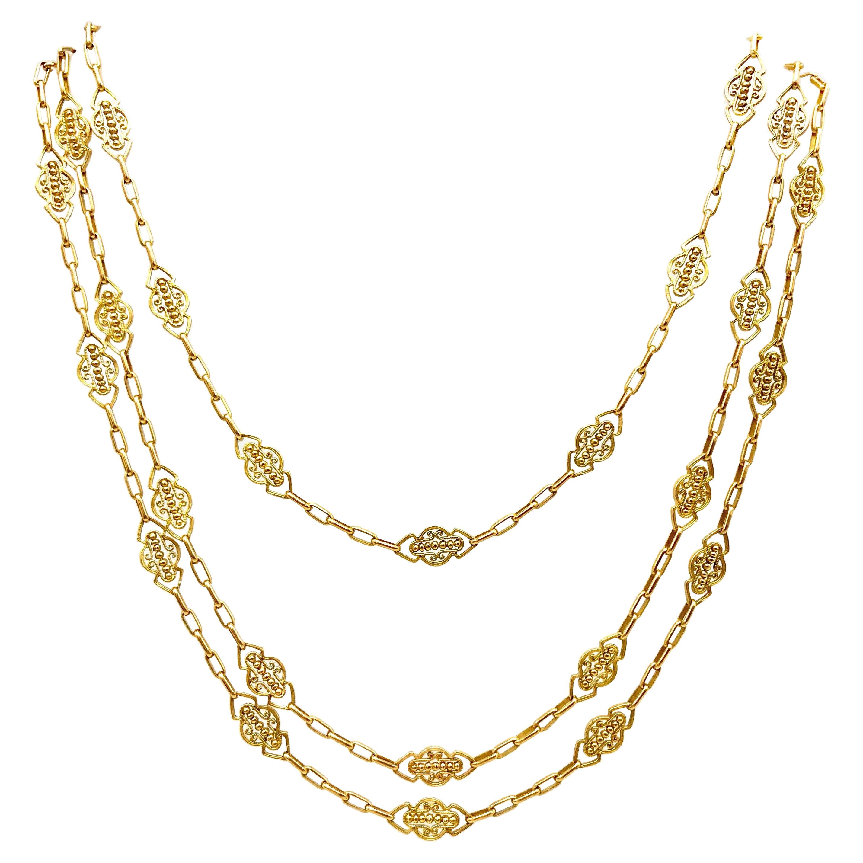 Französische antike filigrane Uhrenkette, Halskette, Gelbgold