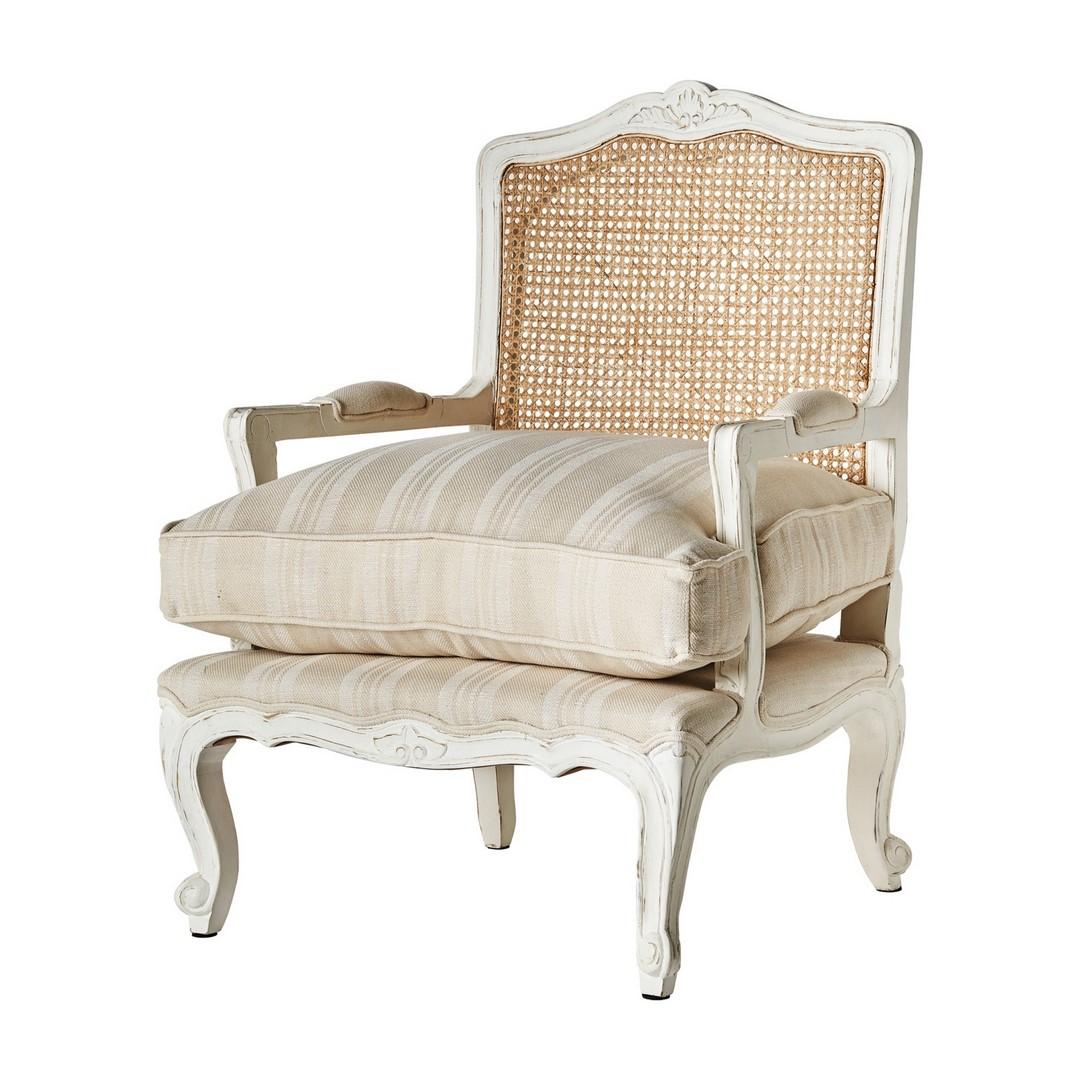 Contemporary French Antiques Louis XV Design Wooden and Wicker Cane with Beige Fabric Bergere For Sale