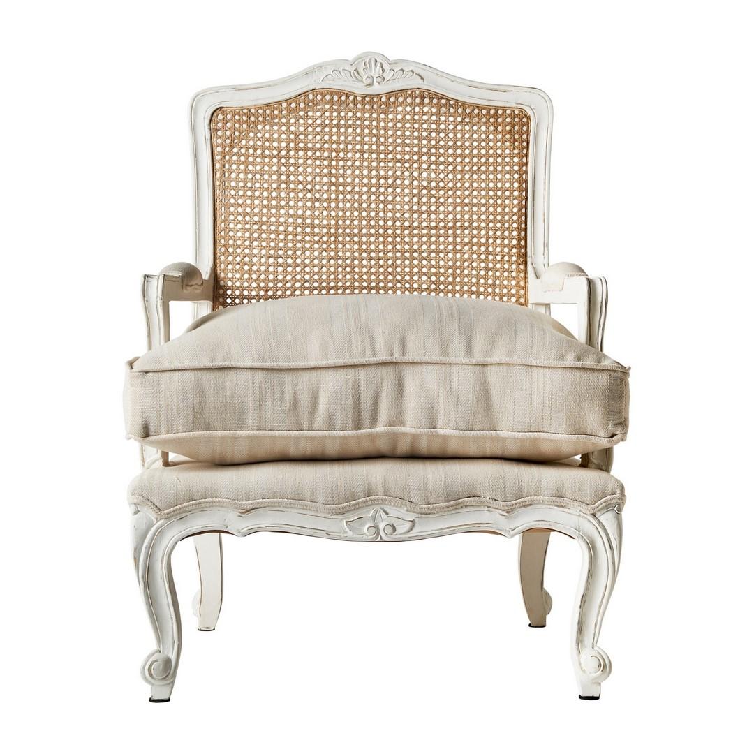 French Antiques Louis XV Design Wooden and Wicker Cane with Beige Fabric Bergere For Sale 1