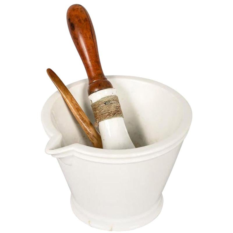 French Apothecary Ceramic Mortar with Pestle, Late 1800s