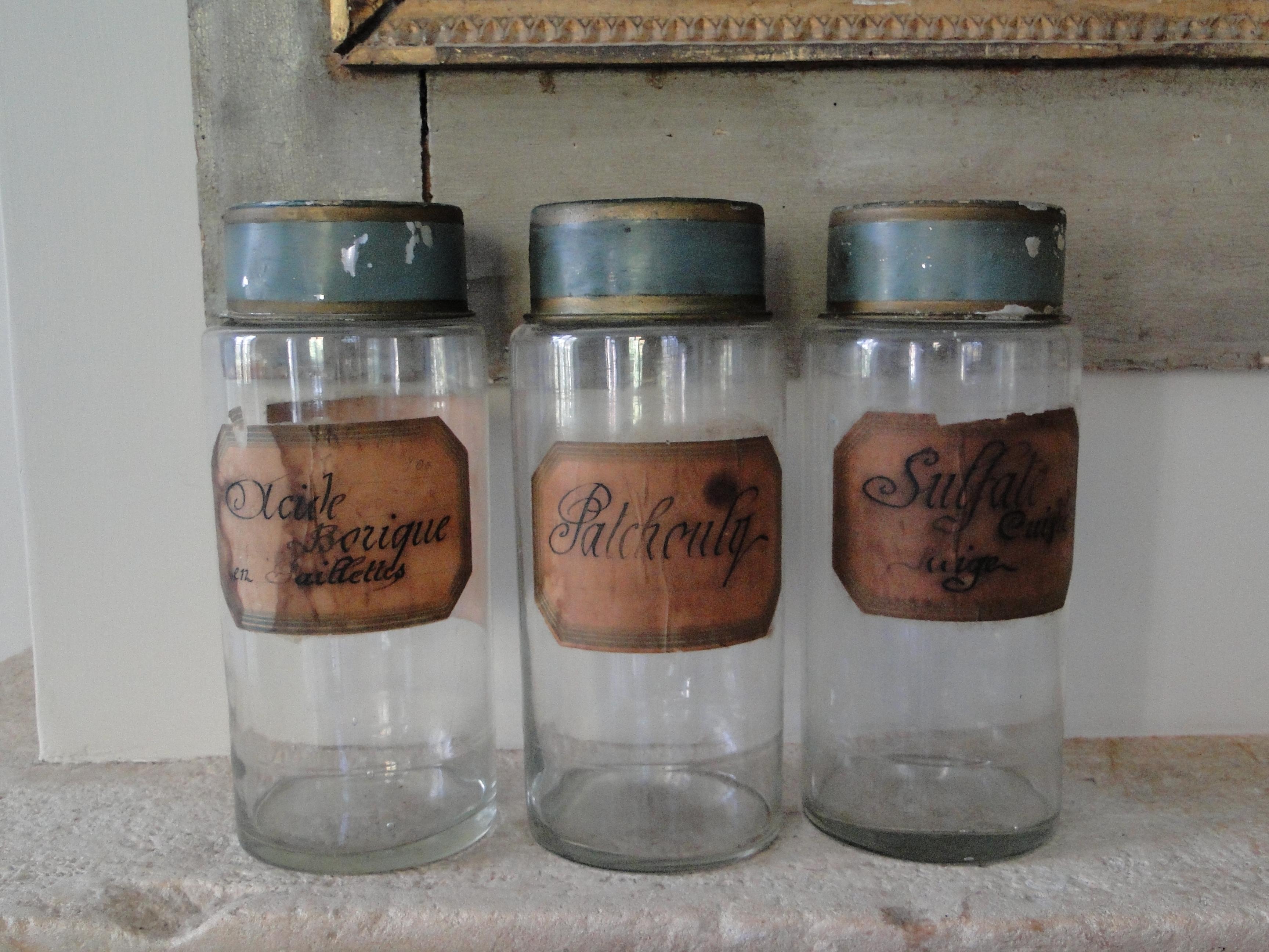 19th Century French Apothecary Glass Jars with Original Handwritten Label and Painted Tin Lid For Sale
