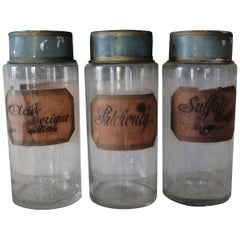 Antique French Apothecary Glass Jars with Original Handwritten Label and Painted Tin Lid