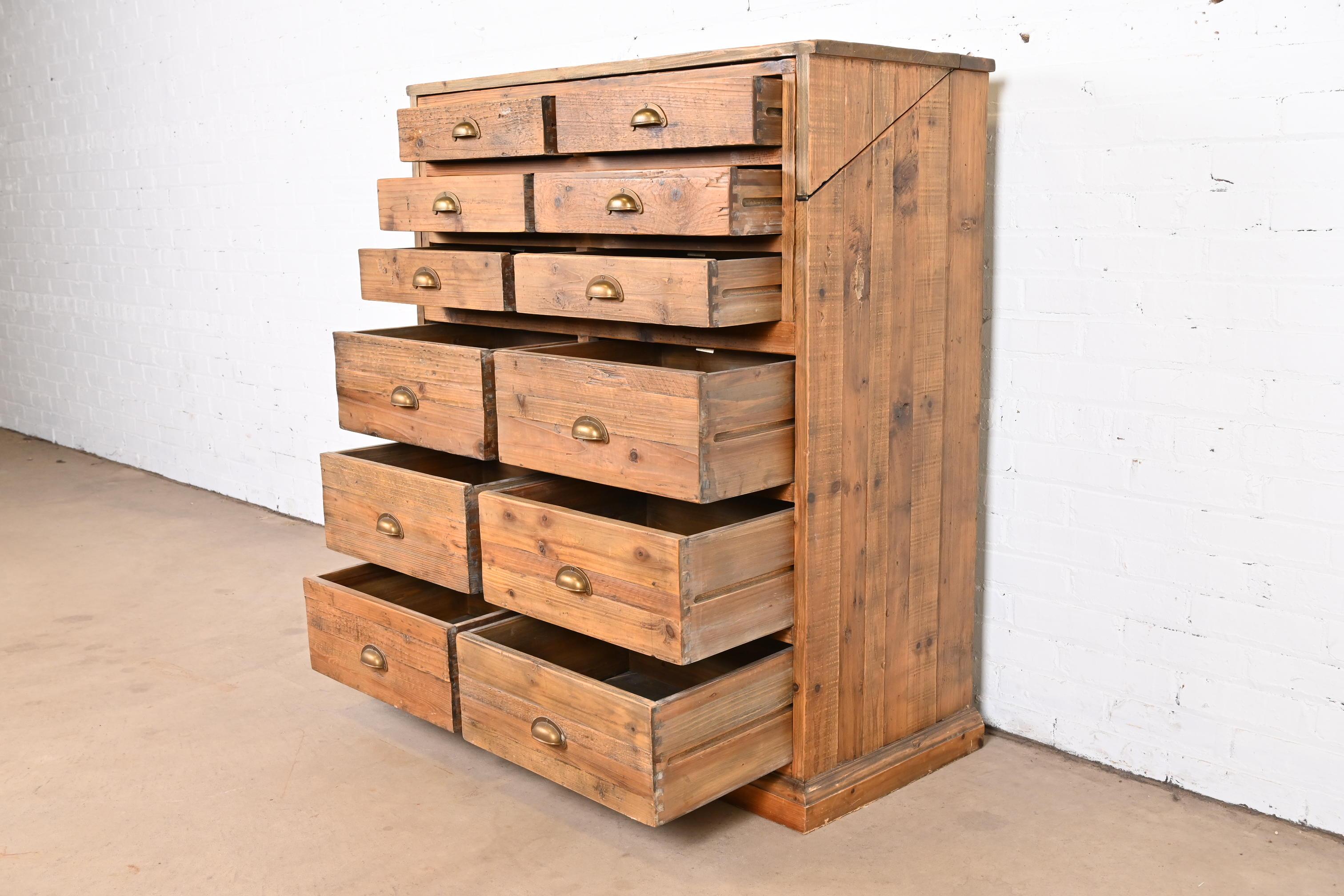 Brass French Apothecary Style Rustic Pine Twelve-Drawer Chest of Drawers For Sale