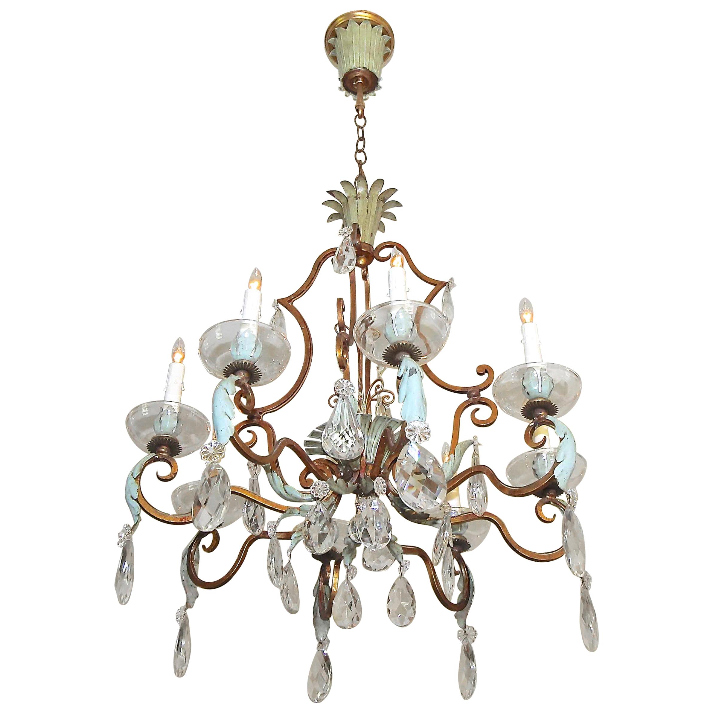 French Aqua and Gilt Iron Cage Form Crystal Chandelier For Sale