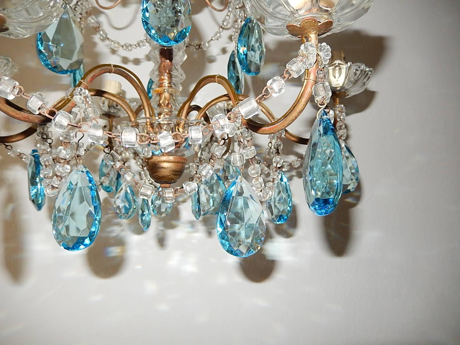 Early 20th Century French Aqua Blue Crystal Prisms Murano Glass Chandelier, circa 1920