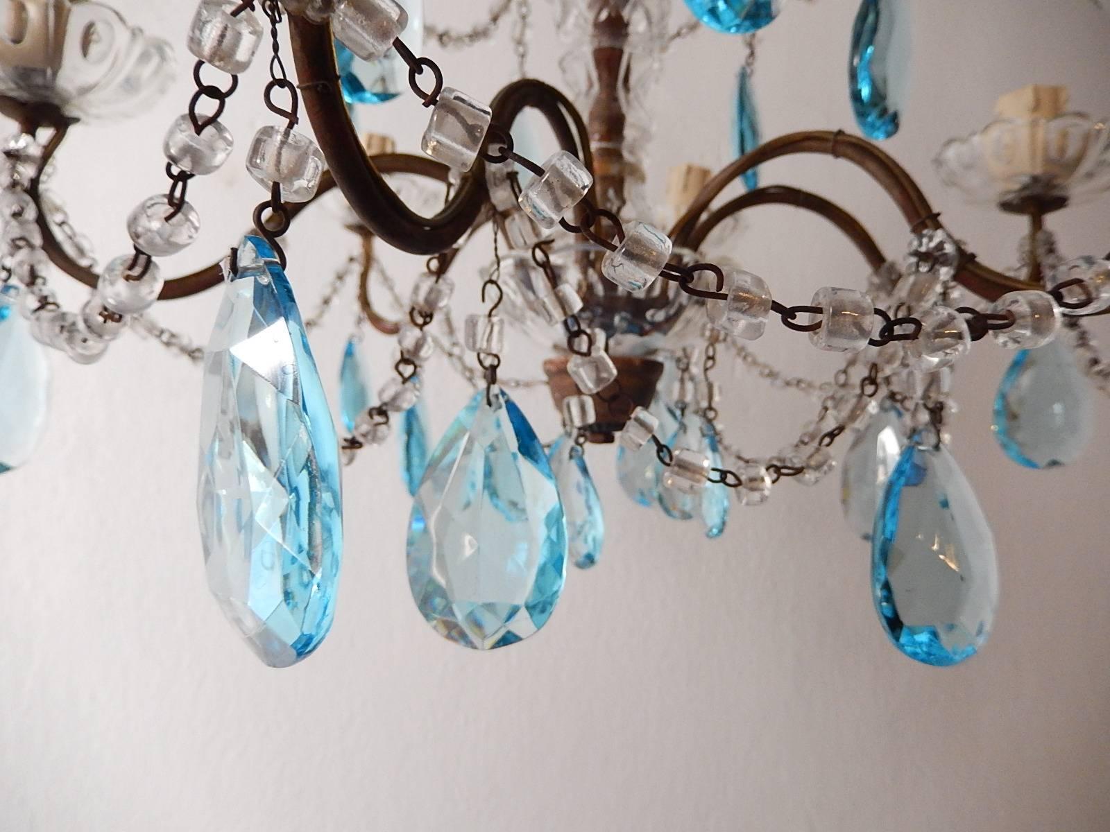French Aqua Blue Crystal Prisms Murano Glass Chandelier, circa 1920 3