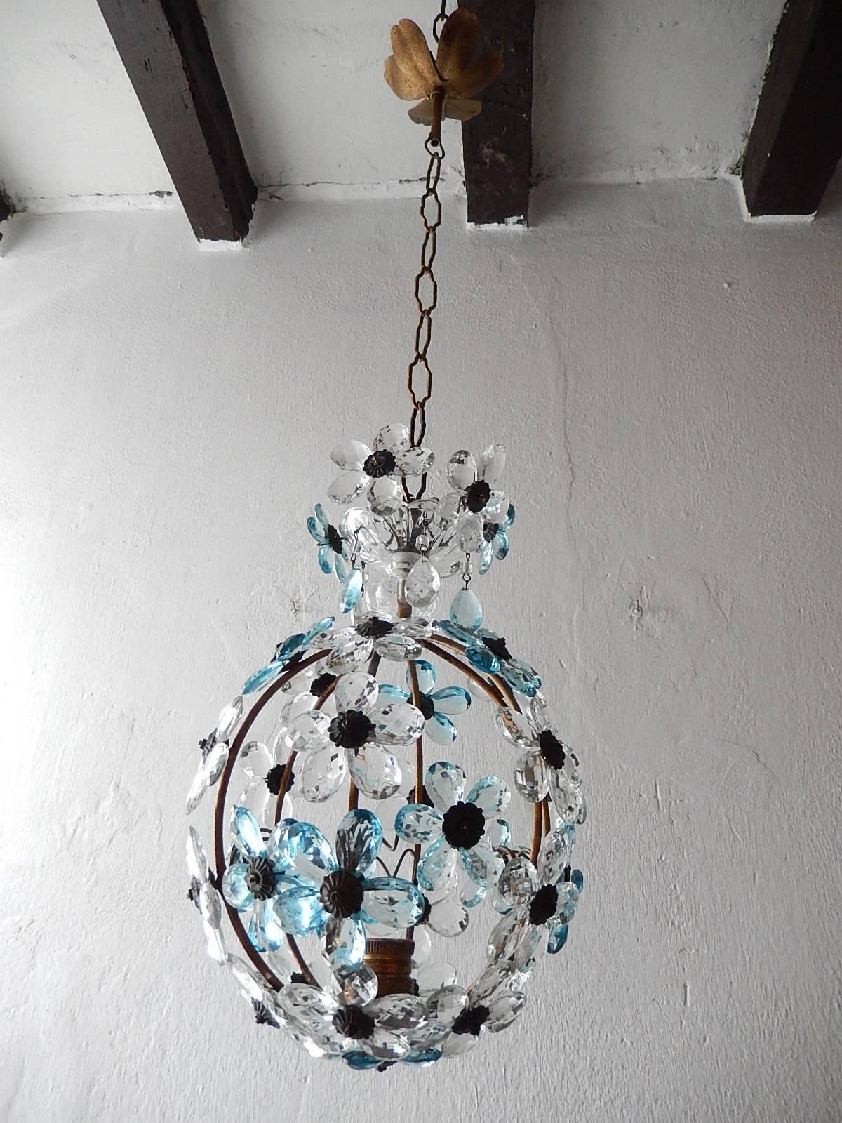 Housing one light. Rewired and ready to hang. Clear and aqua blue crystal prisms. Murano glass and crystal bobèche on top with crystal prisms in clear and aqua. Adding another 18 inches of original chain and canopy. Free priority UPS shipping from