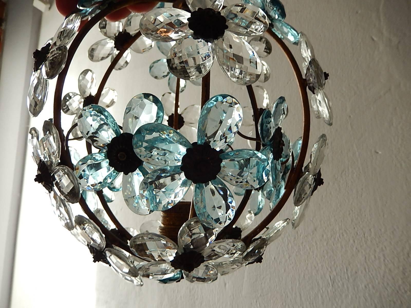Early 20th Century French Aqua Blue Flower Ball Crystal Prisms Maison Baguès Style Chandelier