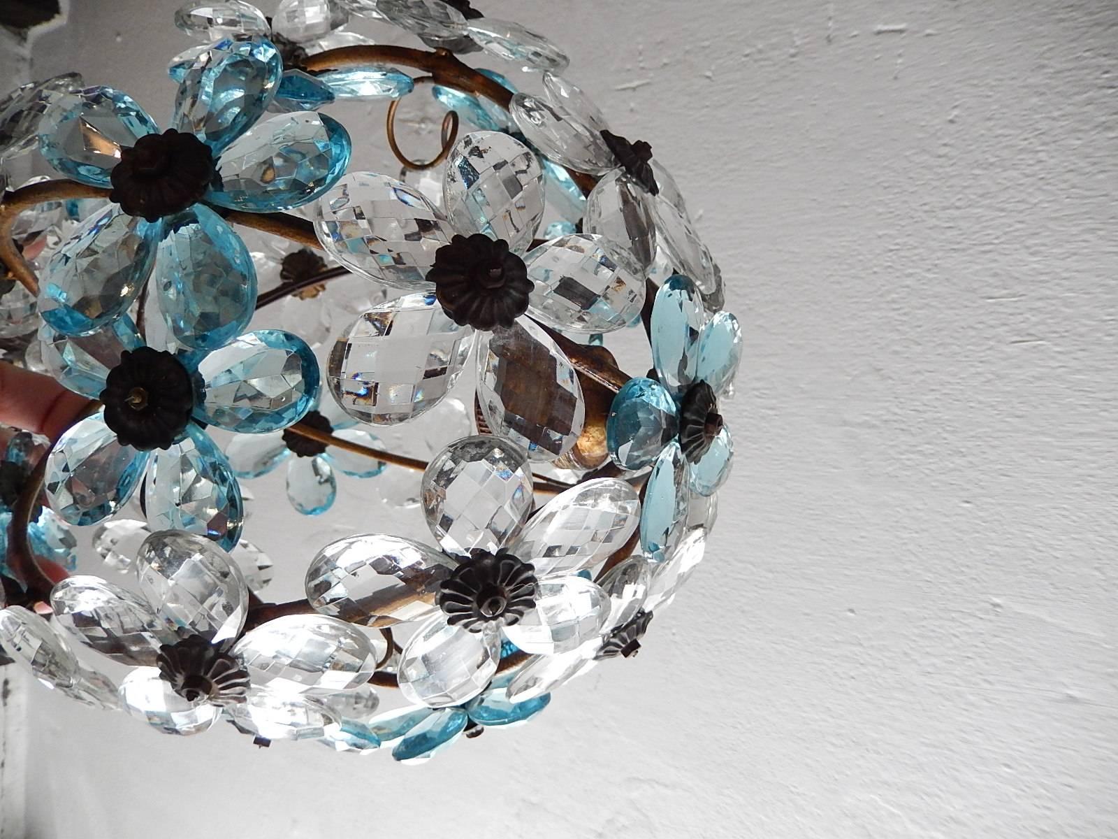 French Aqua Blue Flower Ball Crystal Prisms Maison Baguès Style Chandelier 1