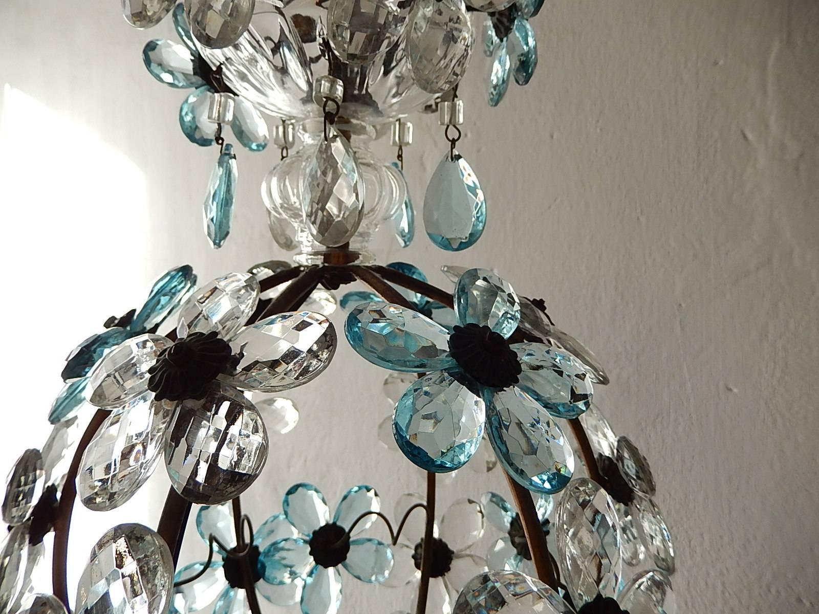 French Aqua Blue Flower Ball Crystal Prisms Maison Baguès Style Chandelier 4