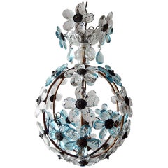 French Aqua Blue Flower Ball Crystal Prisms Maison Baguès Style Chandelier