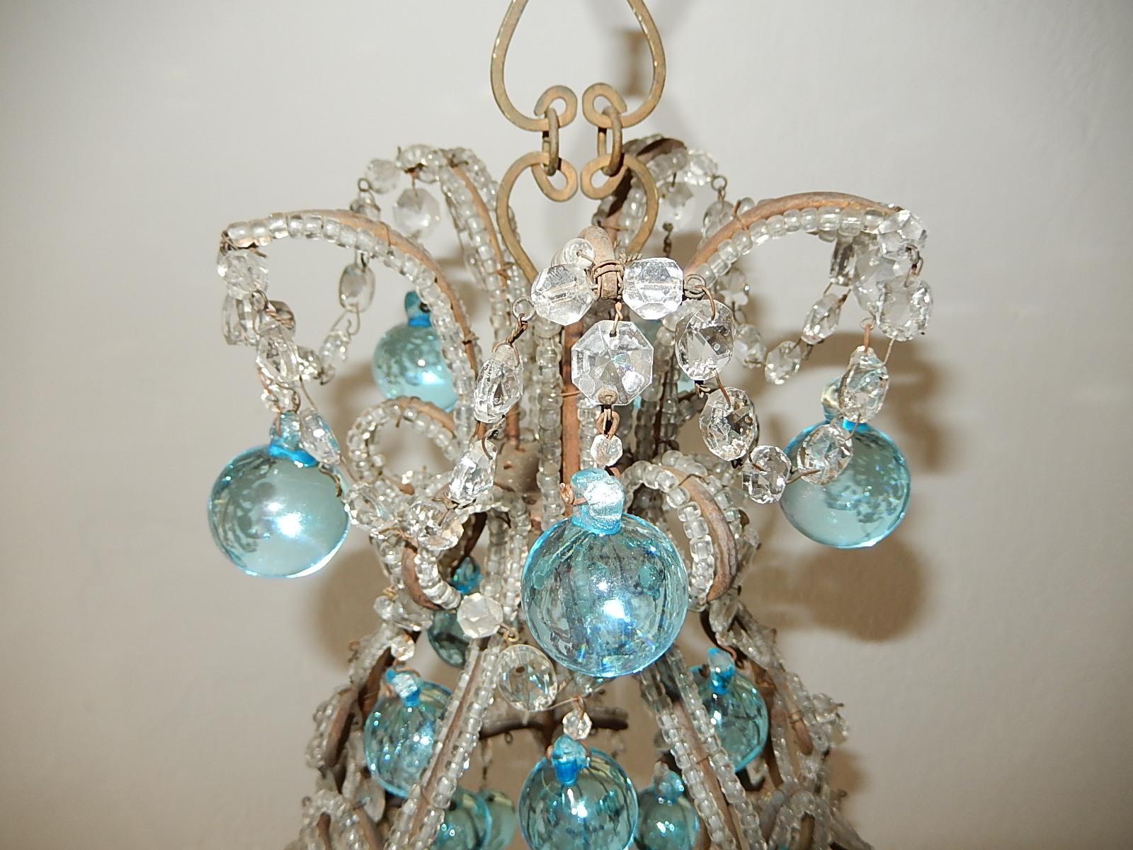 French Aqua Blue Murano Balls Beaded Swags Chandelier, circa 1900 For Sale 2