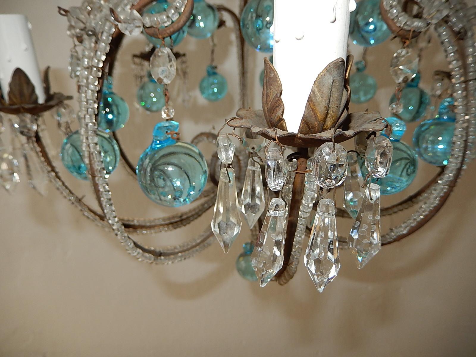 French Aqua Blue Murano Balls Beaded Swags Chandelier, circa 1900 For Sale 3