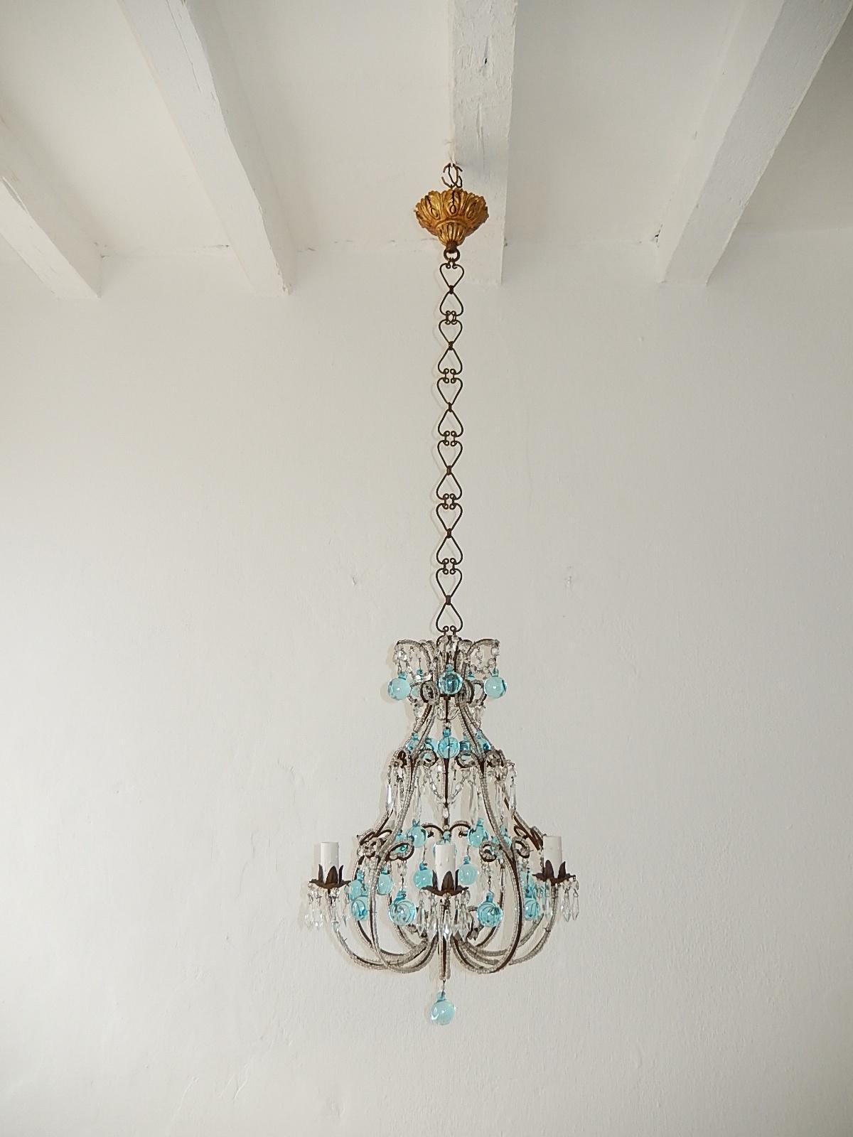 French Aqua Blue Murano Balls Beaded Swags Chandelier, circa 1900 For Sale 4
