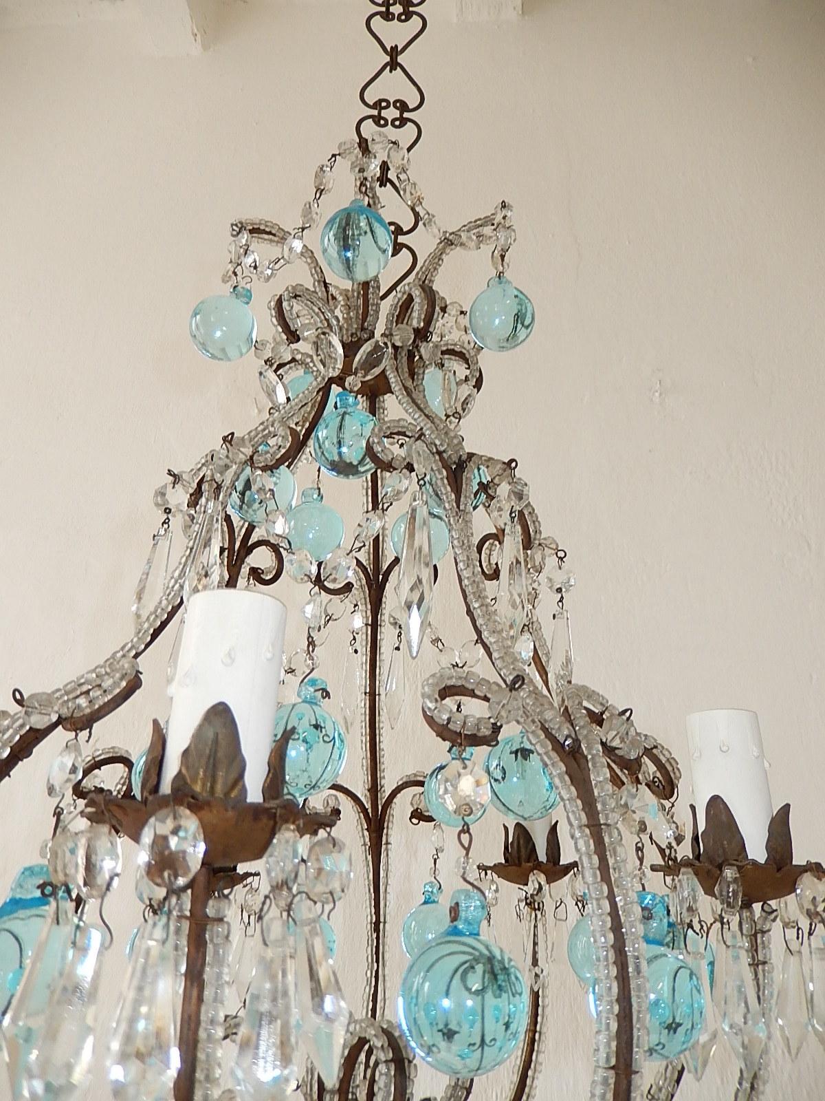 Early 20th Century French Aqua Blue Murano Balls Beaded Swags Chandelier, circa 1900 For Sale
