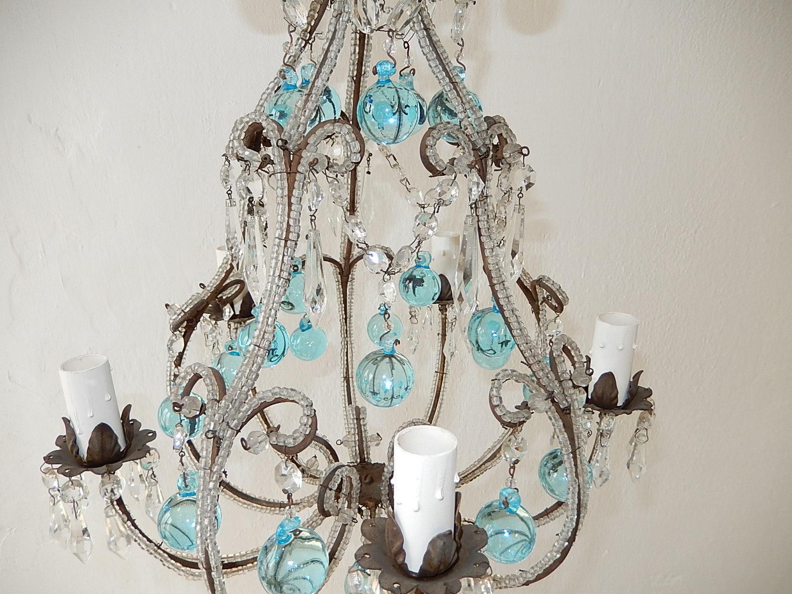 Crystal French Aqua Blue Murano Balls Beaded Swags Chandelier, circa 1900 For Sale