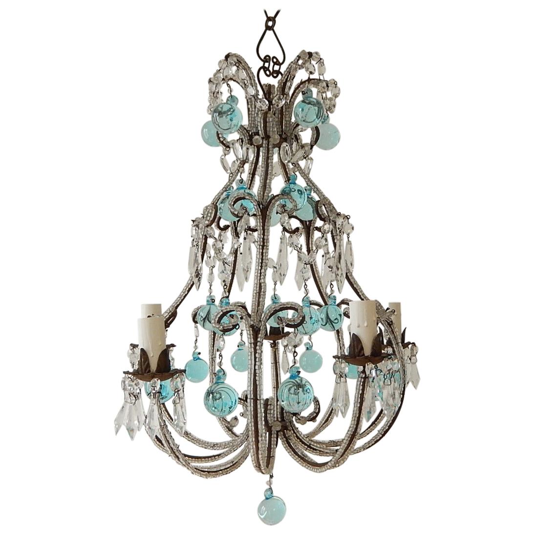 French Aqua Blue Murano Balls Beaded Swags Chandelier, circa 1900