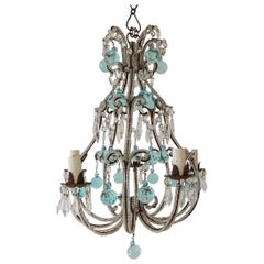 Antique French Aqua Blue Murano Balls Beaded Swags Chandelier, circa 1900