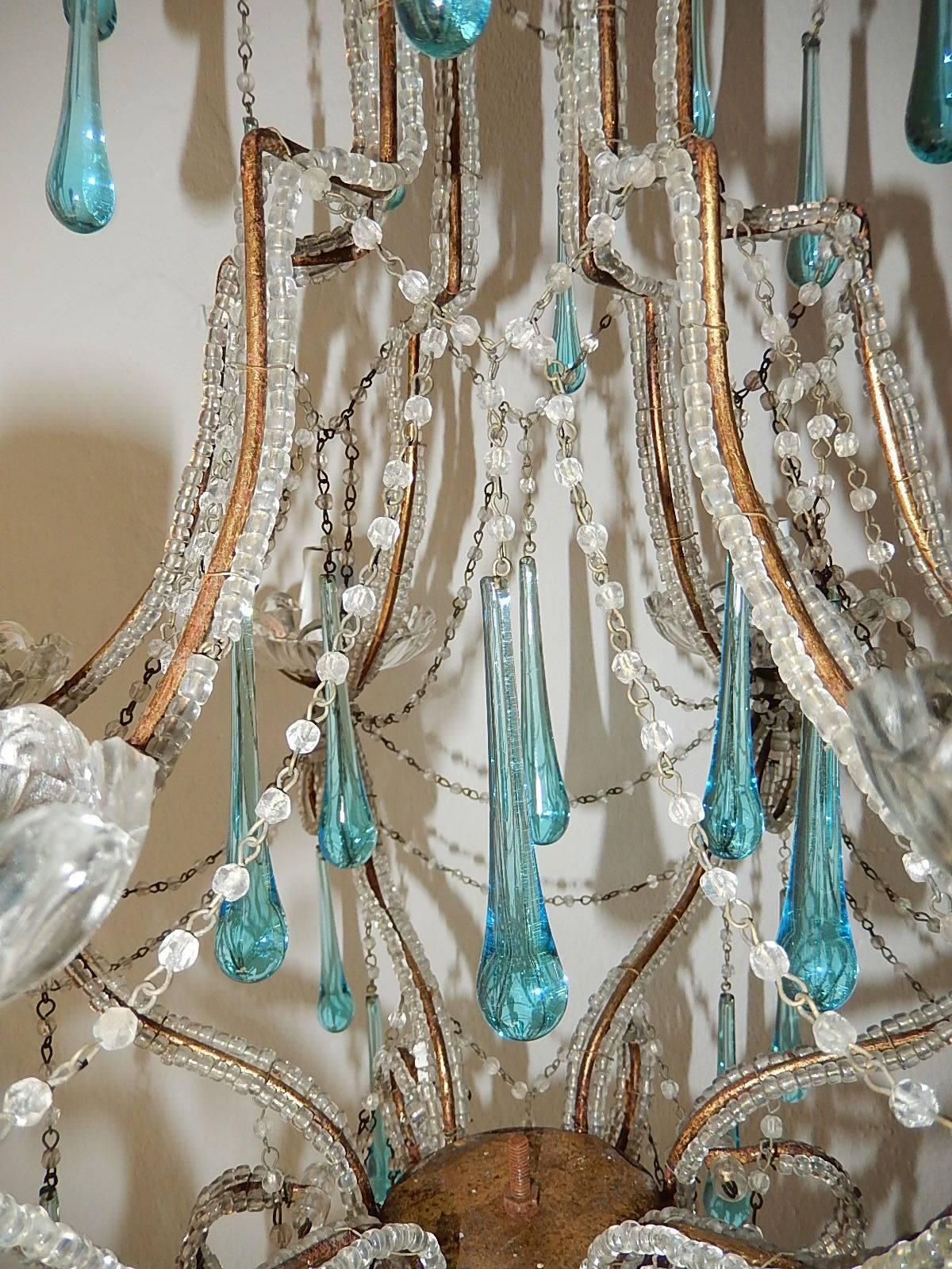 French Aqua Blue Murano Drops Beaded Chandelier For Sale 2