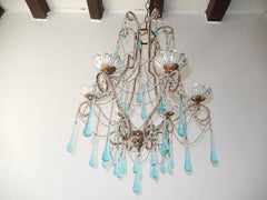 French Aqua Blue Murano Drops Beaded Chandelier