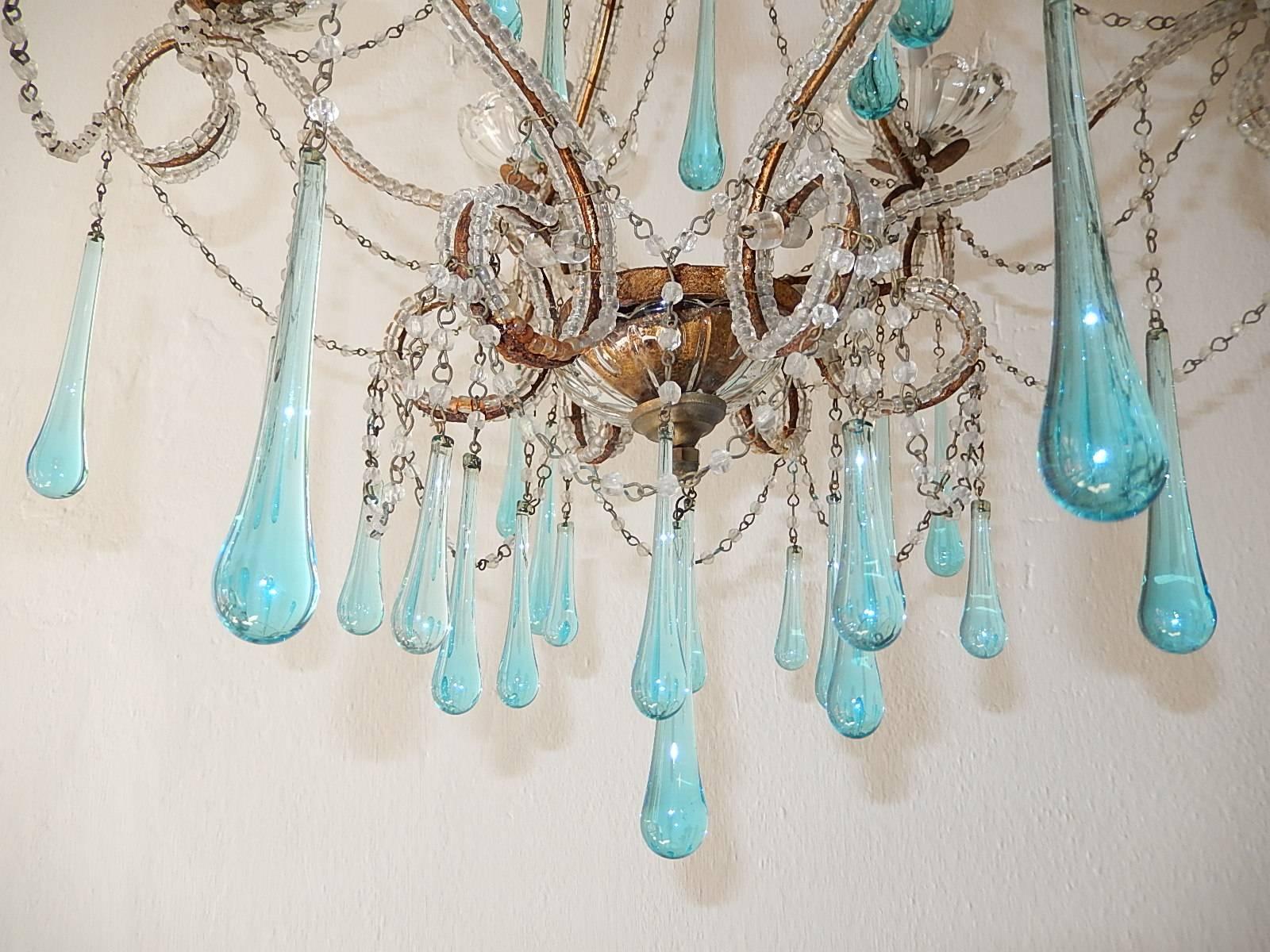 French Aqua Blue Murano Drops Beaded Chandelier In Good Condition For Sale In Modena (MO), Modena (Mo)