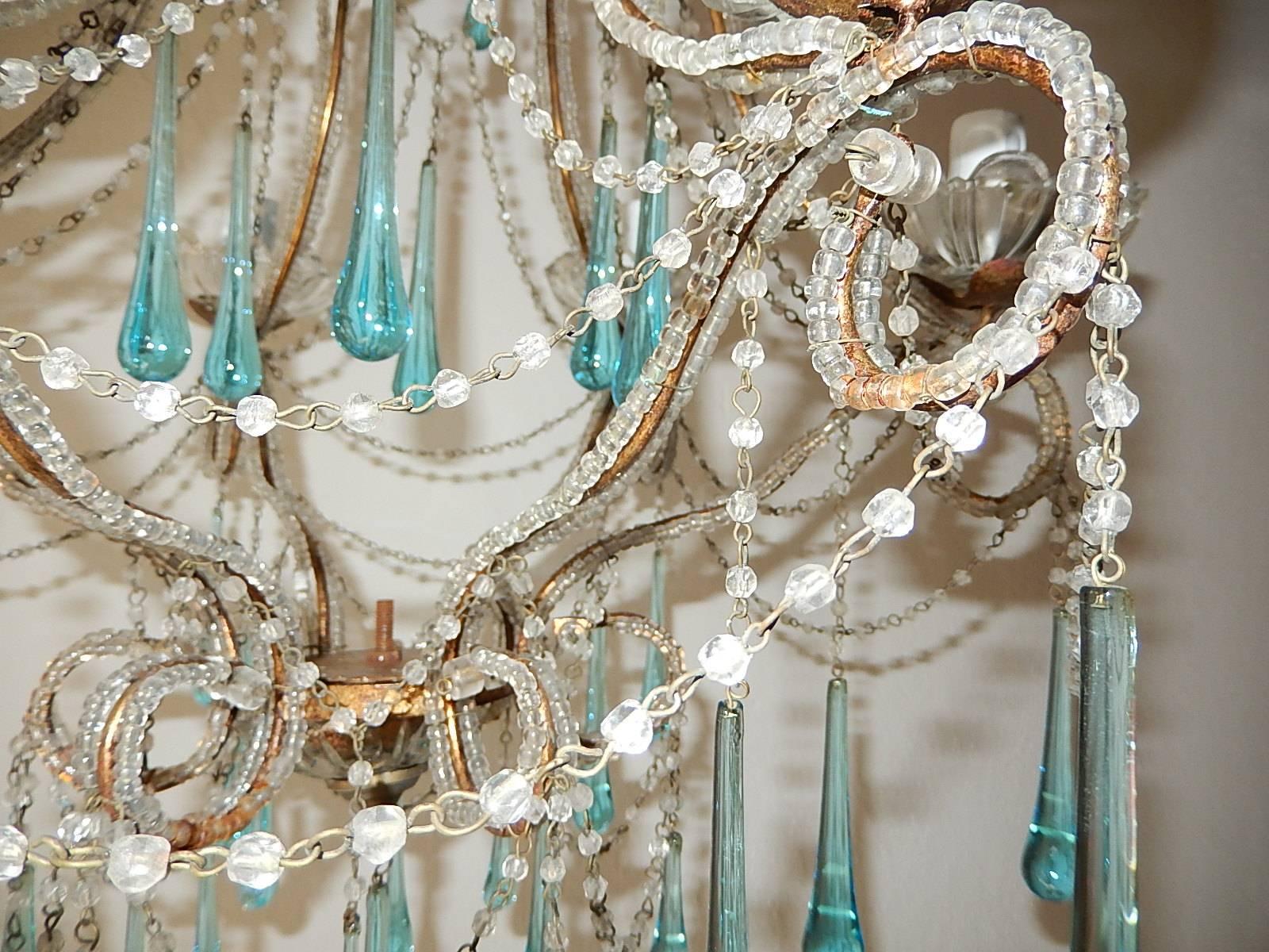 Early 20th Century French Aqua Blue Murano Drops Beaded Chandelier For Sale