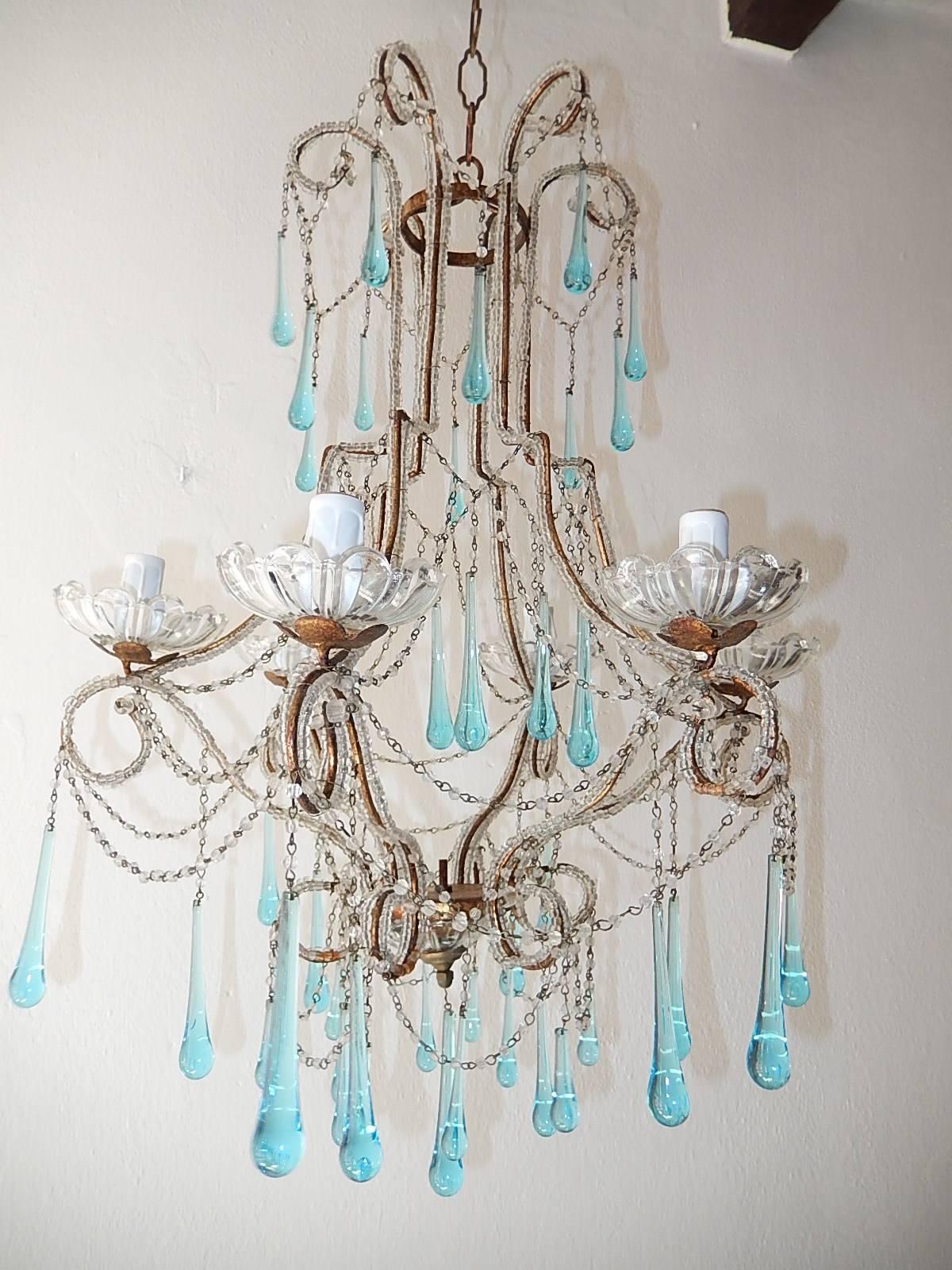 Crystal French Aqua Blue Murano Drops Beaded Chandelier For Sale