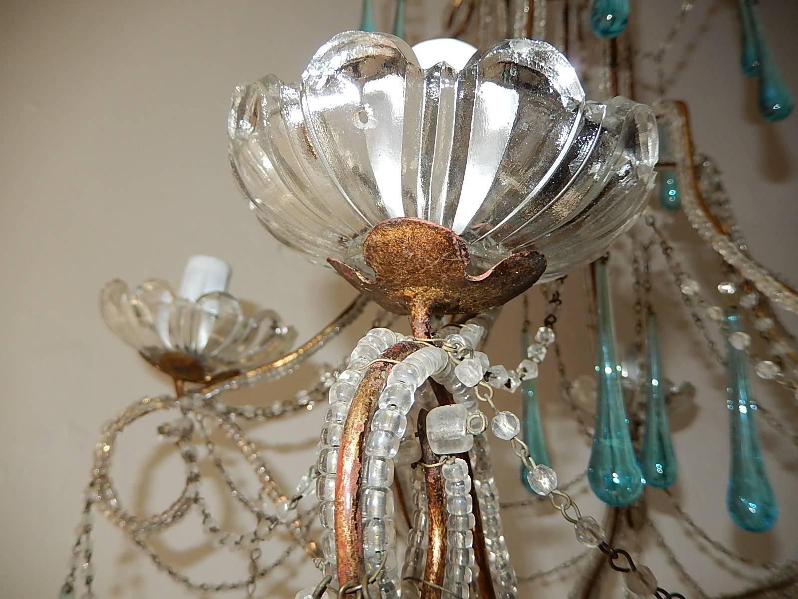 French Aqua Blue Murano Drops Beaded Chandelier For Sale 1