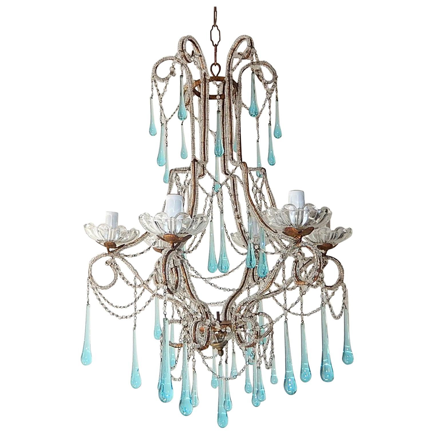 Lampadario francese con gocce di Murano blu acqua e perline
