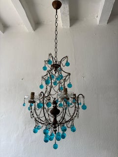French Aqua Blue Murano Drops Gold Gilt Crystal Prisms Chandelier, circa 1920