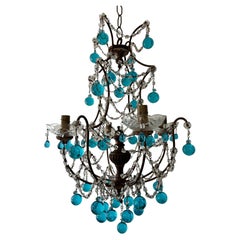 French Aqua Blue Murano Drops Gold Gilt Crystal Prisms Chandelier, circa 1920
