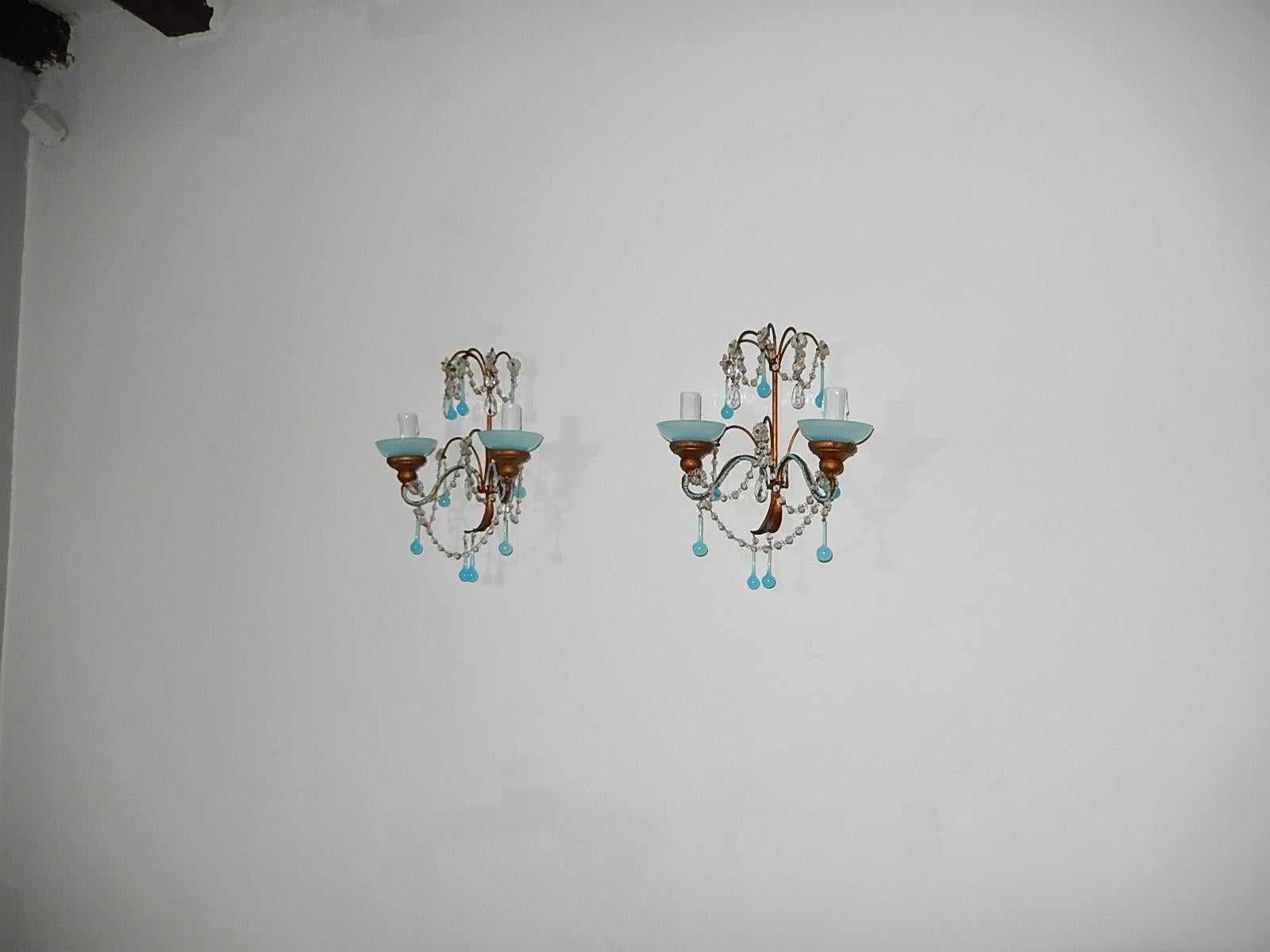 French Aqua Blue Opaline Drops Bead Bobeches Rock Crystal Sconces For Sale 6