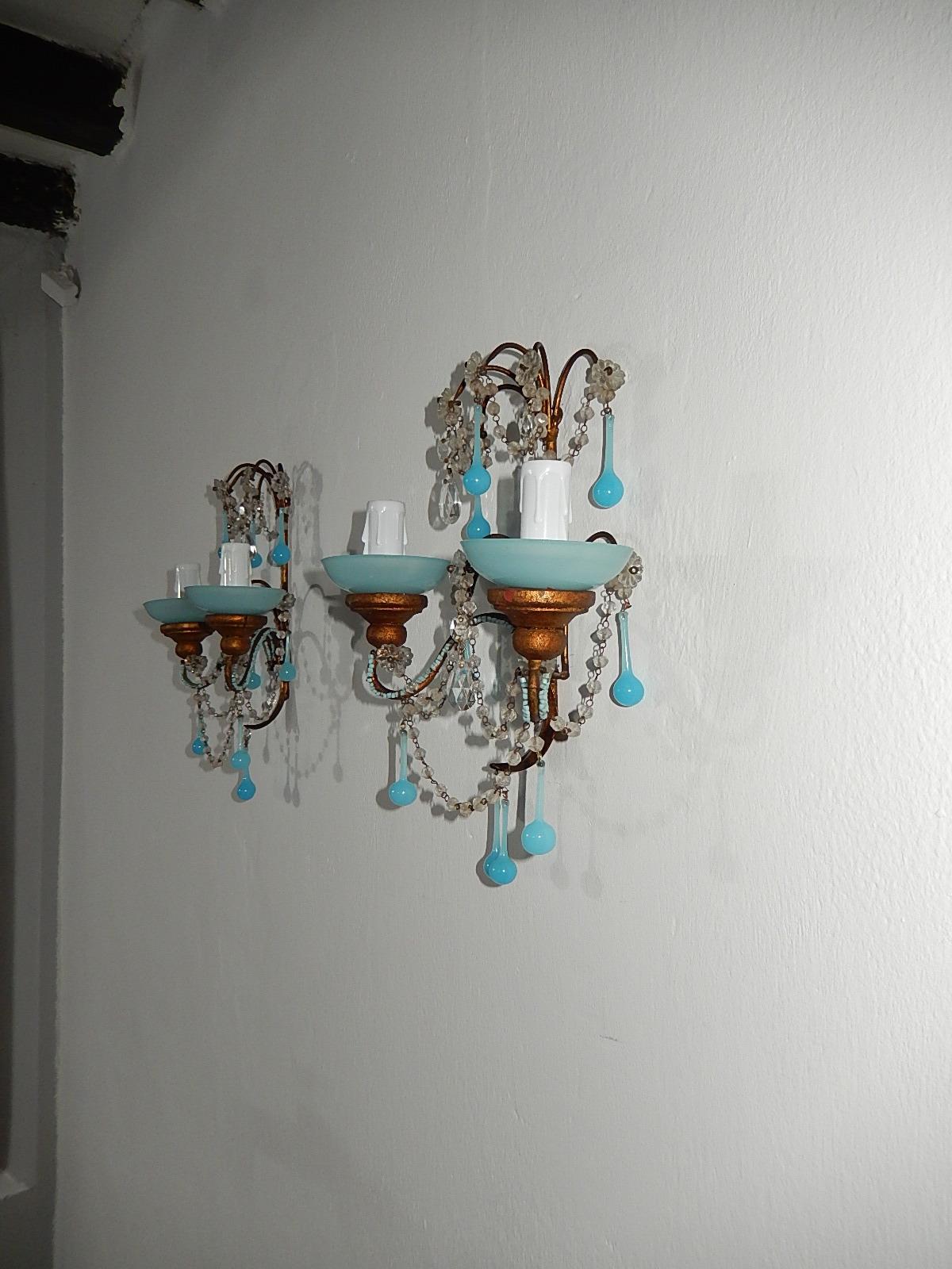 French Aqua Blue Opaline Drops Bead Bobeches Rock Crystal Sconces In Good Condition For Sale In Firenze, Toscana