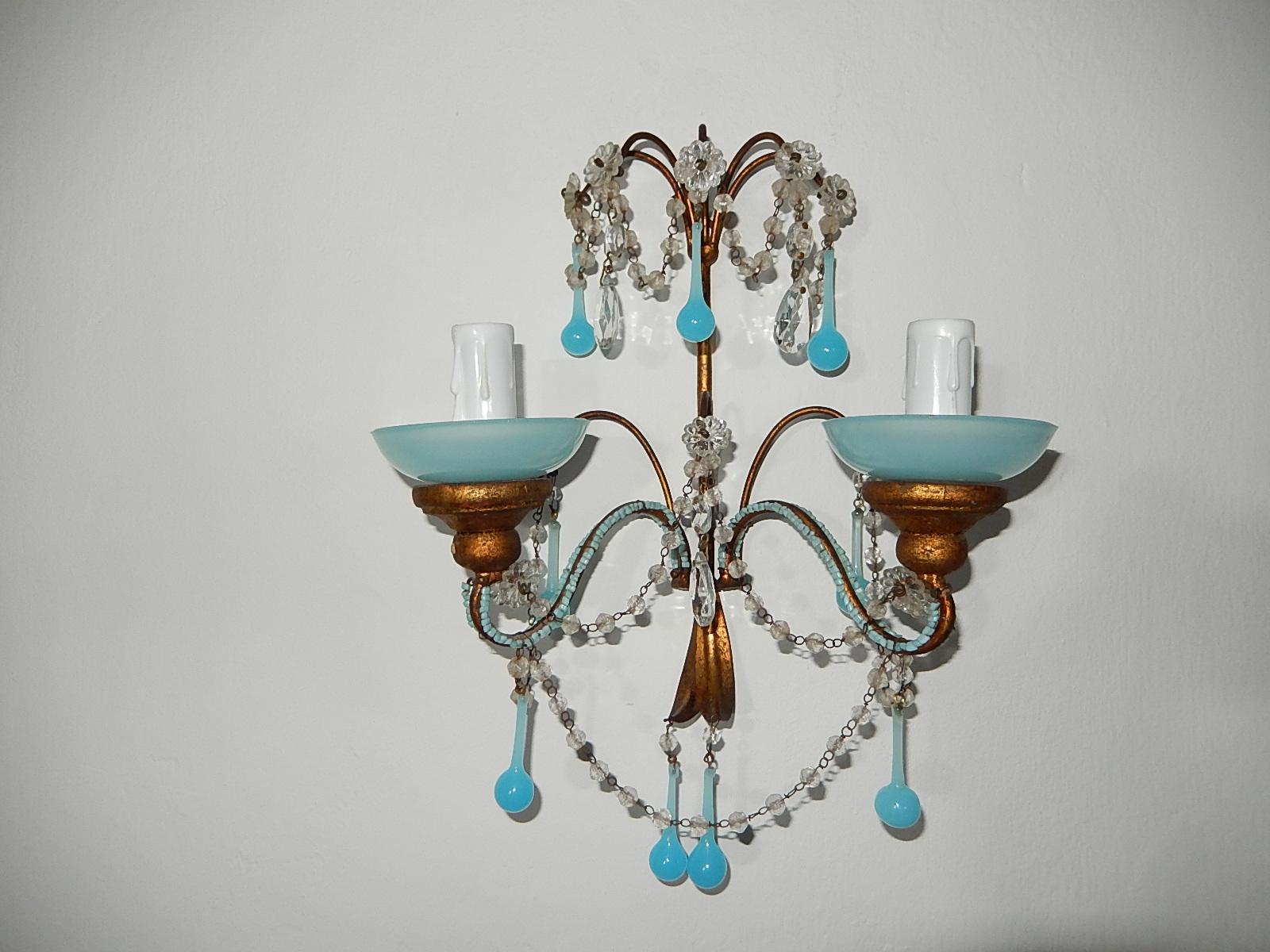 Early 20th Century French Aqua Blue Opaline Drops Bead Bobeches Rock Crystal Sconces For Sale