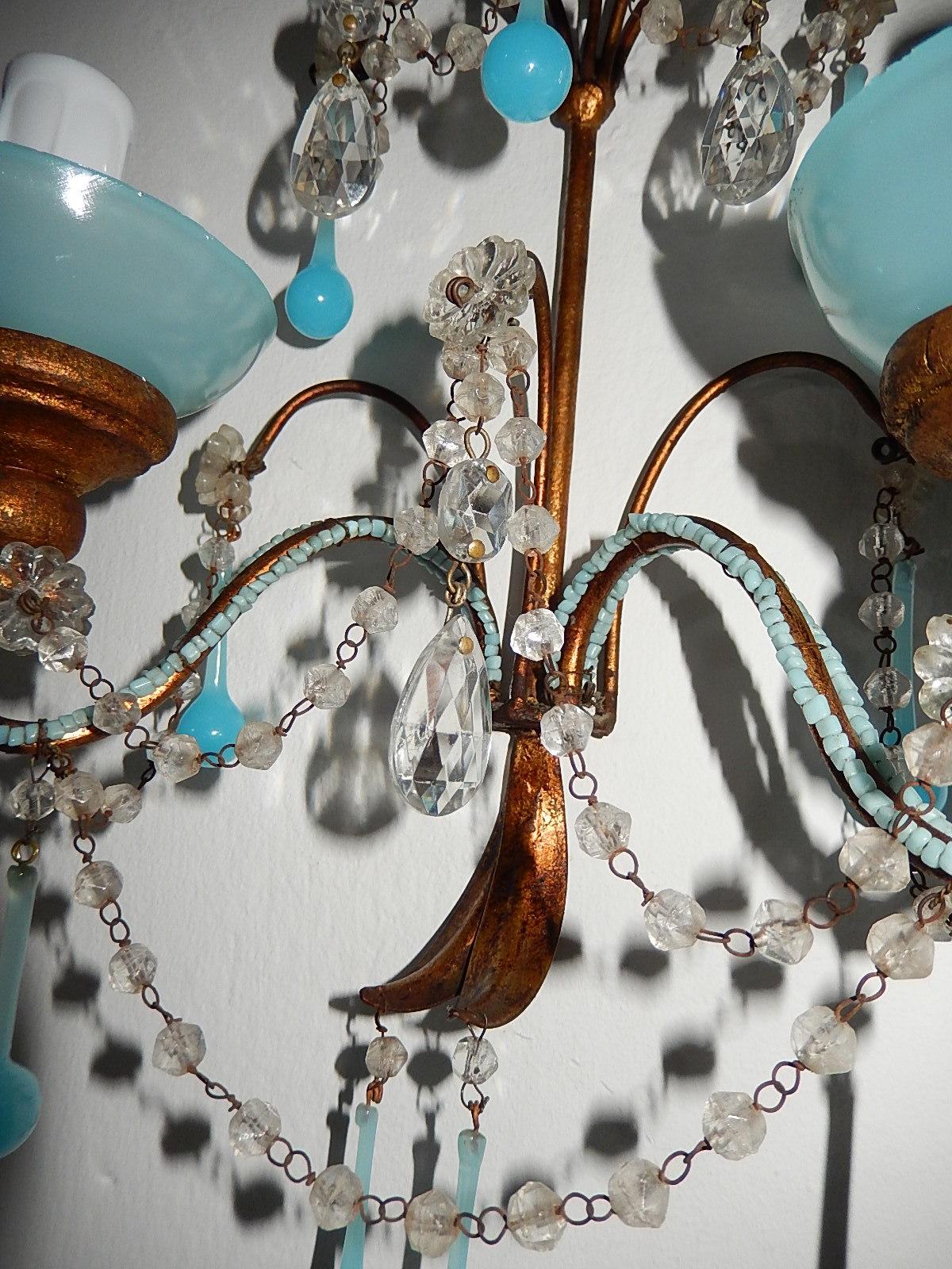 French Aqua Blue Opaline Drops Bead Bobeches Rock Crystal Sconces For Sale 1
