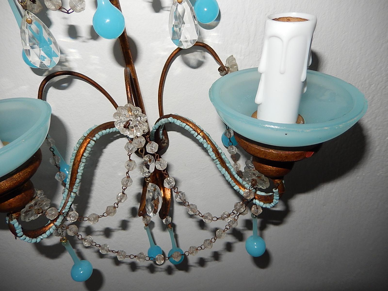 French Aqua Blue Opaline Drops Bead Bobeches Rock Crystal Sconces For Sale 2