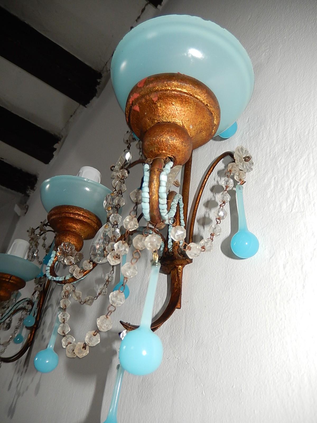 French Aqua Blue Opaline Drops Bead Bobeches Rock Crystal Sconces For Sale 3