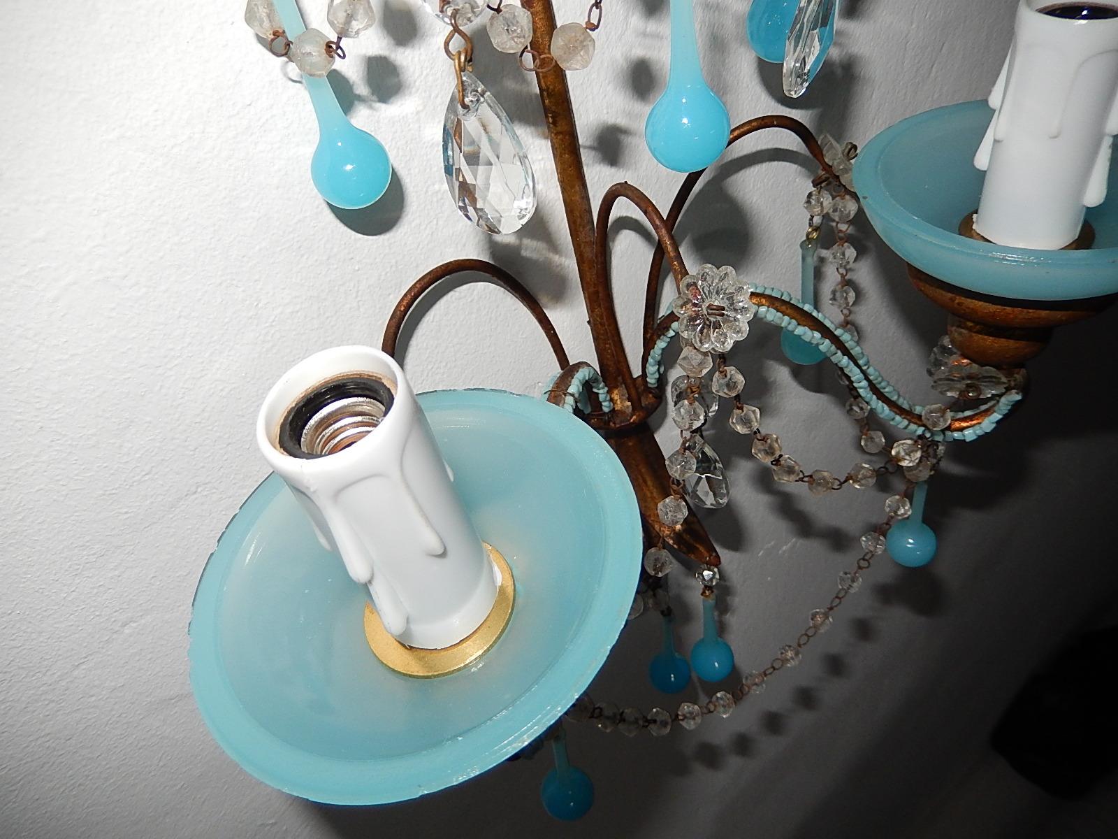 French Aqua Blue Opaline Drops Bead Bobeches Rock Crystal Sconces For Sale 4