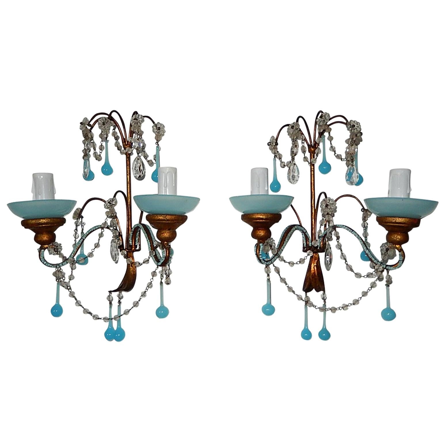 French Aqua Blue Opaline Drops Bead Bobeches Rock Crystal Sconces For Sale