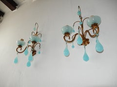 French Aqua Blue Opaline Drops Bobeches  & Beads Sconces C 1920