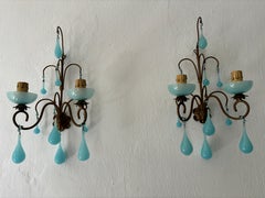 French Aqua Blue Opaline Drops Bobeches  & Beads Sconces C 1920