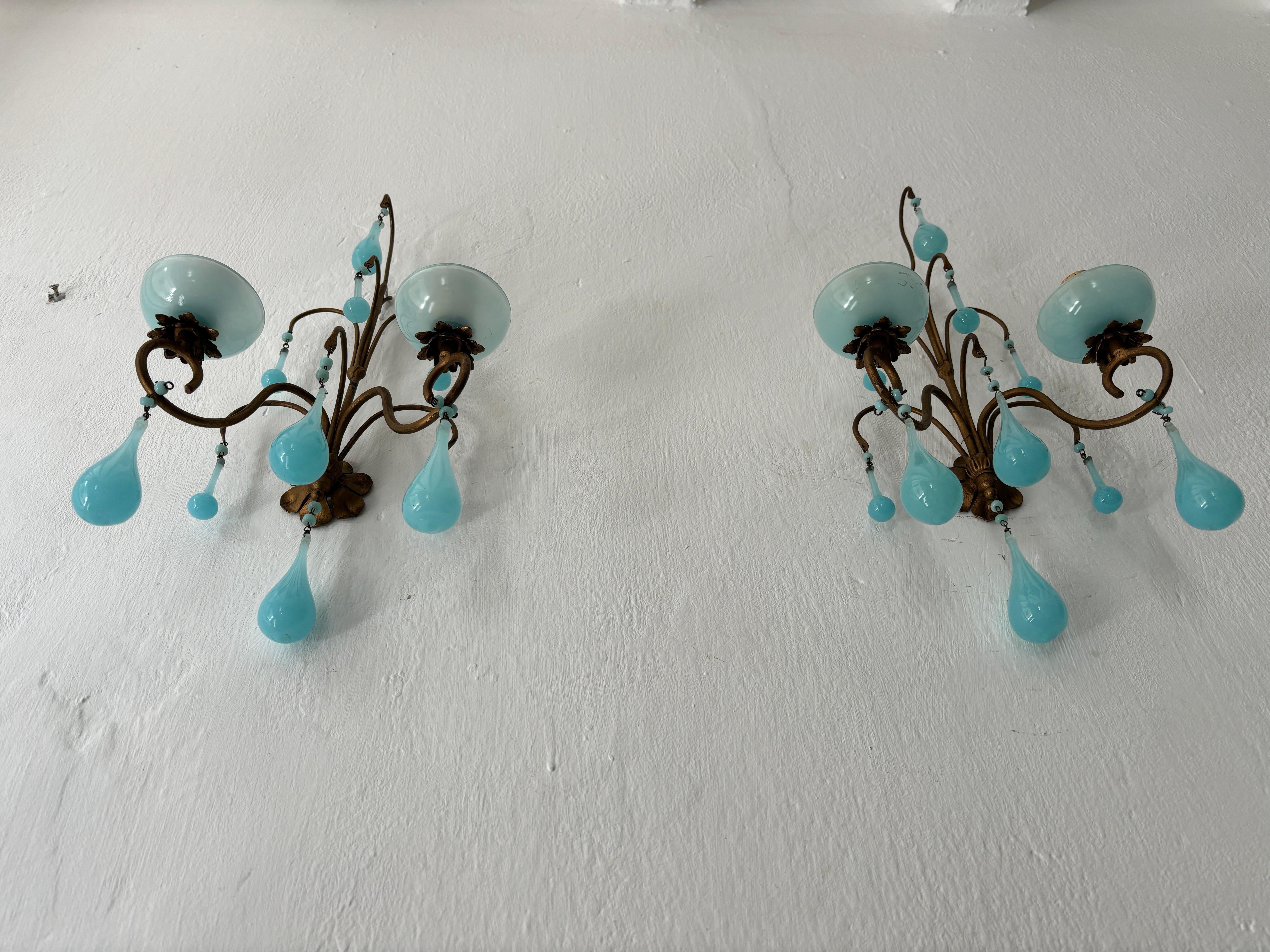 Francese French Opaline Blu Acqua Gocce Bobeches  A.I.C. in vendita