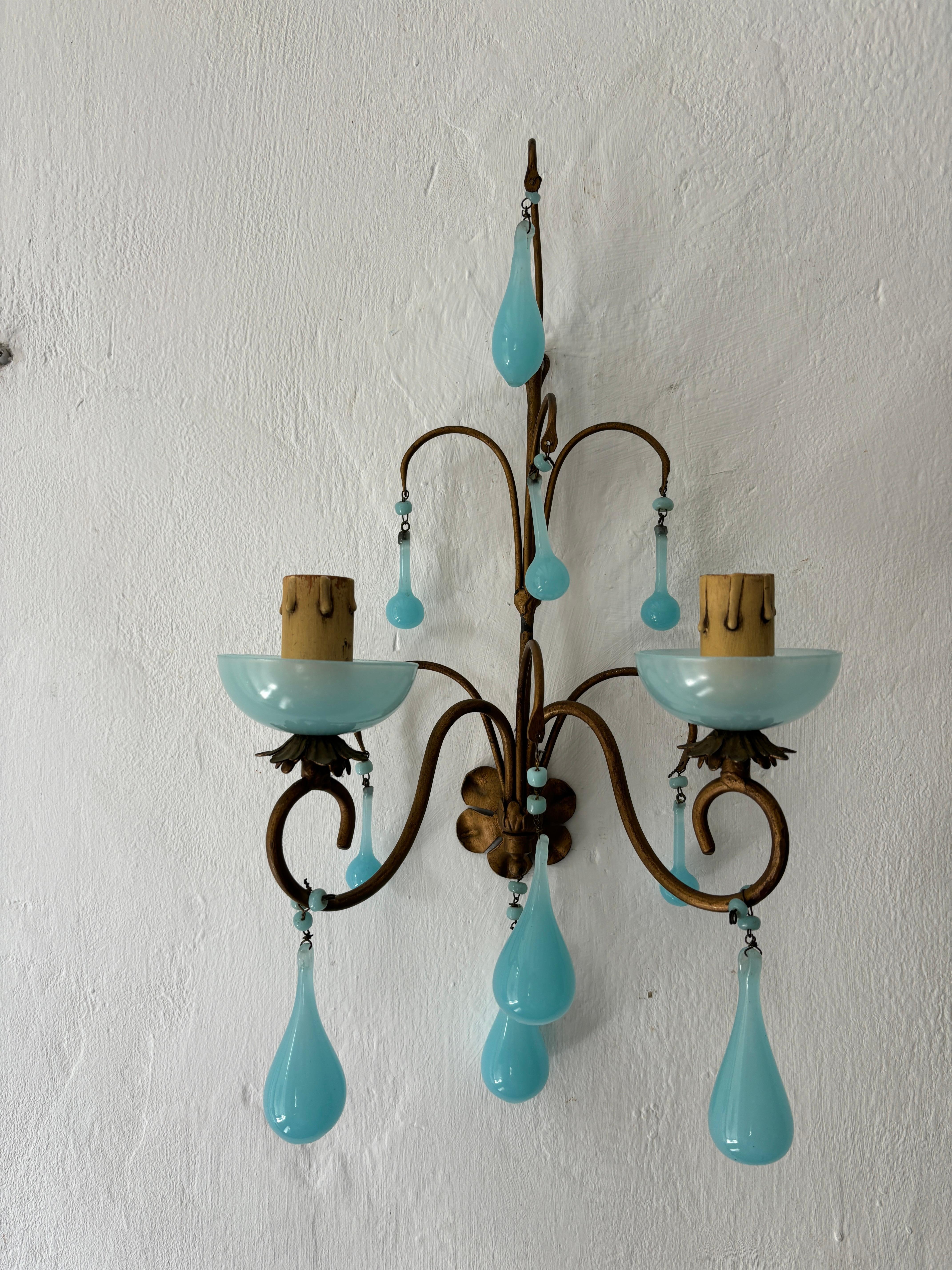 French Opaline Blu Acqua Gocce Bobeches  A.I.C. In condizioni buone in vendita a Firenze, Toscana