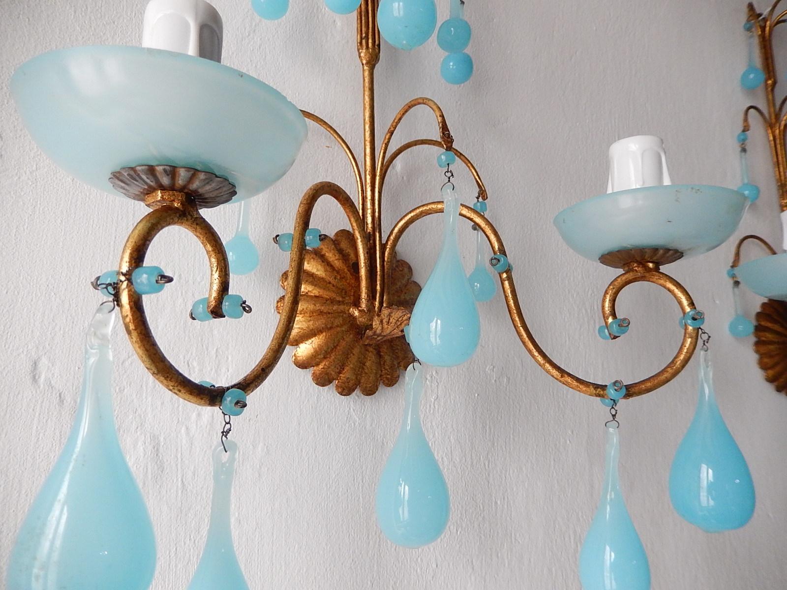 Early 20th Century French Aqua Blue Opaline Drops Bobéches & Beads Sconces, circa 1920
